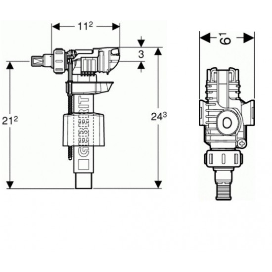 Наполнительный механизм для бачков GEBERIT typ 380 подвод воды сбоку, ниппель латунный 3/8" и 1/2" (281.004.00.1 )