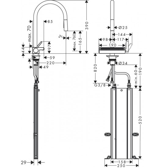 Смеситель для кухни HANSGROHE Aquno Select M81 170 3jet Matt Black с вытяжным изливом Sbox, черный матовый (73831670)