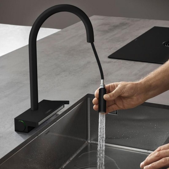 Змішувач для кухні HANSGROHE Aquno Select M81 170 3jet Matt Black з витяжним виливом Sbox, чорний матовий (73831670)