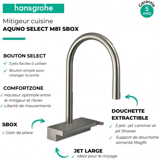 Змішувач для кухні HANSGROHE Aquno Select M81 170 Stainless Steel Finish 3jet з витяжним виливом, Sbox, нержавіюча сталь (73831800)