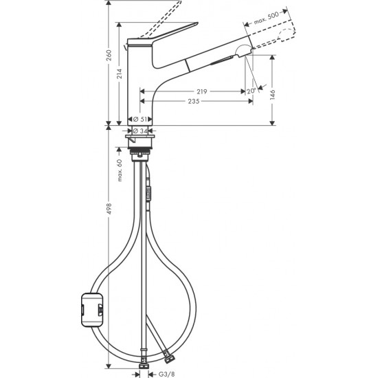 Смеситель для кухонной мойки hansgrohe Zesis M33 с вытяжным душем, под сталь (74800800)