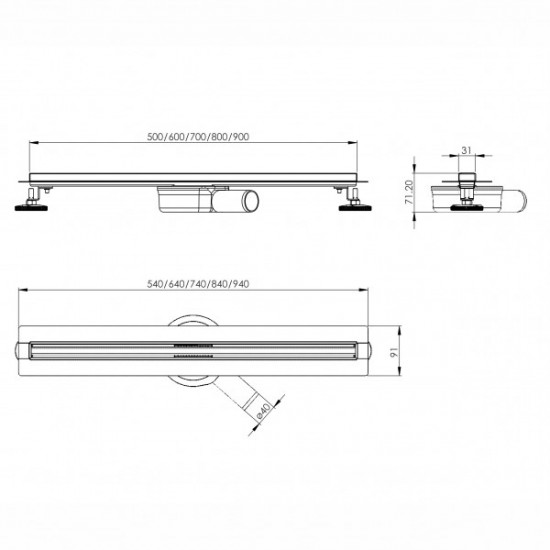 Линейный трап VOLLE Master Linea Flecha 500 мм с тонкой решеткой Cepillado Сromo de la noche, черный (9046.210704)