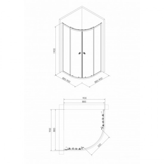 OZALA CC душевая кабина 90*90*190см, полукруглая, раздвижная, профиль хром, стекло прозрачное