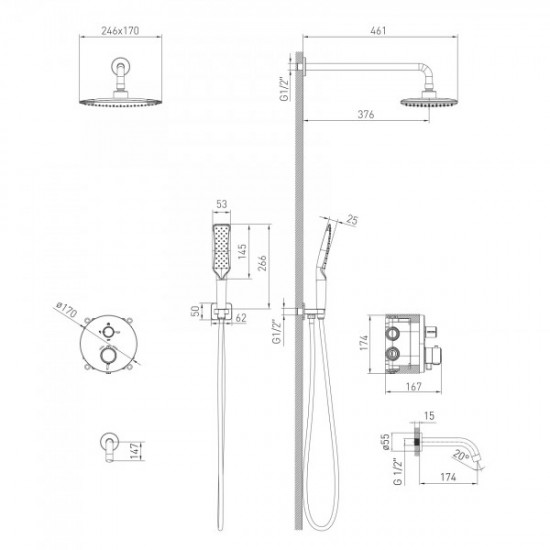 Душевая система скрытого монтажа VOLLE SISTEMA P с термостатом и изливом на ванную (1584.090901)
