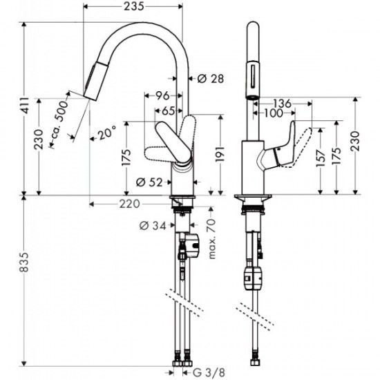 Змішувач для кухні Hansgrohe Focus 240 2jet з висувним виливом, сталевий (31815800)