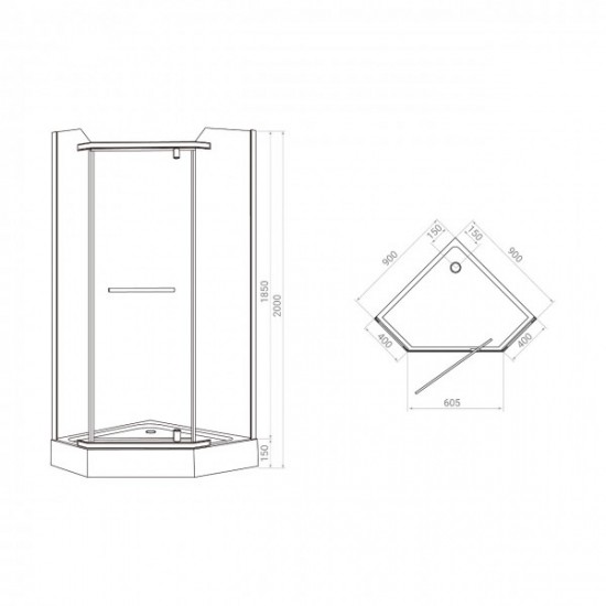 DUCT N душ. кабина 90*90*200 см, пятиугольная, распашная, стекло прозрачное, 8мм, с мелким поддоном