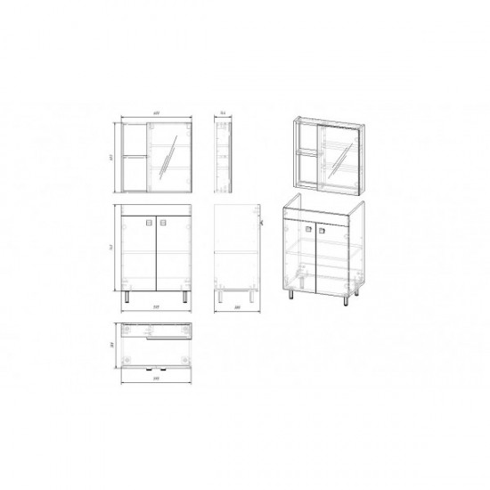 ATLANT комплект меблів 60см дуб: тумба підлогова, 2 дверцят + дзеркальна шафа 60*60см + умивальник меблевий