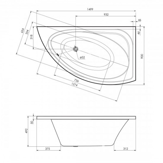 Imprese BLATNA ванна 150*90*49см асиметрична, права, без ніжок, акрил 6мм (BLATNA150R)