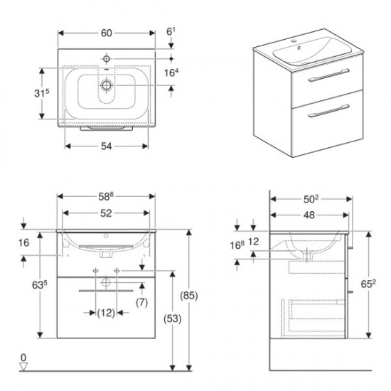 SELNOVA Square комплект: умивальник вбудований Slim Rim, з тумбою 58,8*50,2 см, з 2 ящиками, колір білий