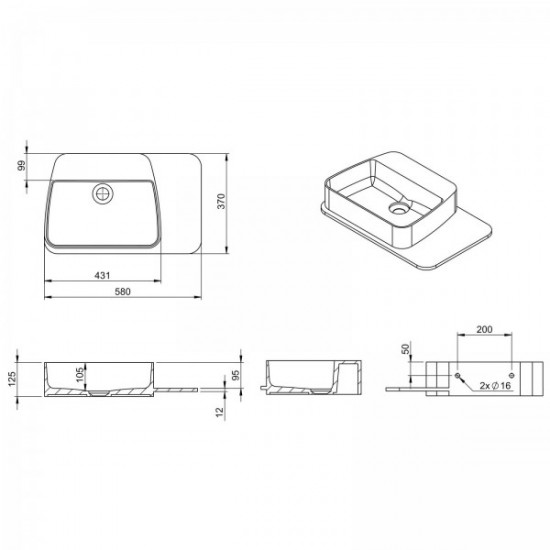 Умивальник 58*37*12,5см підвісний, з поличкою кам`яний Solid surface