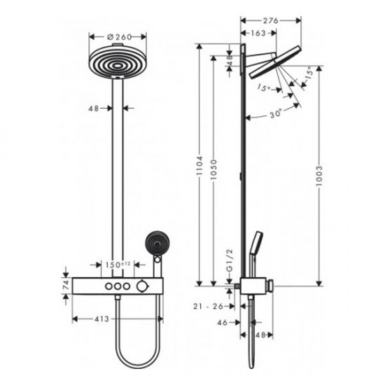 Душевая система с термостатом Hansgrohe Pulsify Showerpipe 260мм 2jet, черный матовый (24240670)
