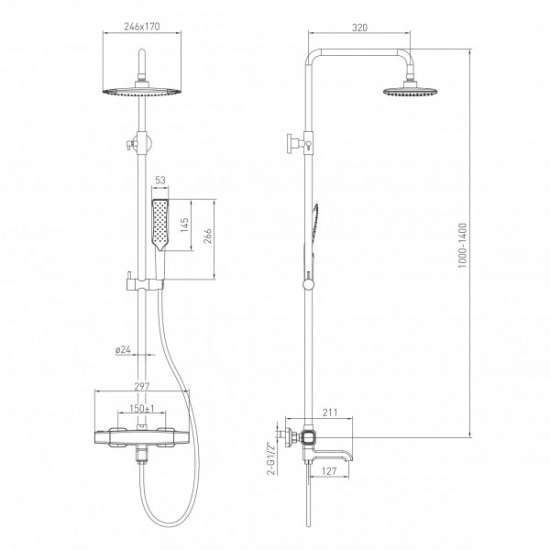 Душова система VOLLE SISTEMA з виливом на ванну та термостатом, хром (1584.090601)