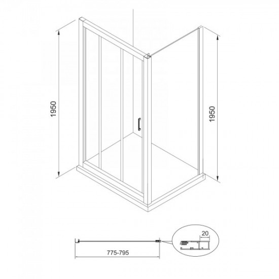 LEXO стiнка бiчна 80*195см для комплектації з дверима, прозоре скло 6мм, хром