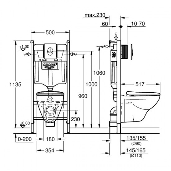 Комплект унітазу з інсталяцією Grohe Solido Compact та кнопкою Skate Air, білий (39116000)