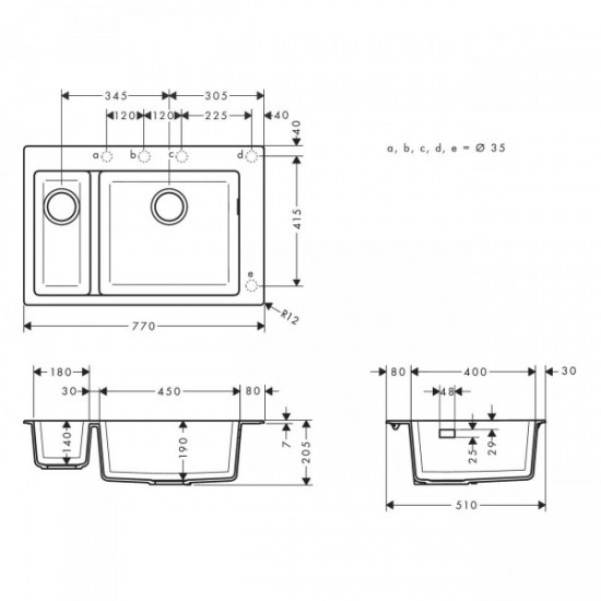 Кухонна мийка Hansgrohe S51 S510-F635 770х510 на 2 чаші 80/450, graphiteblack (43315170)